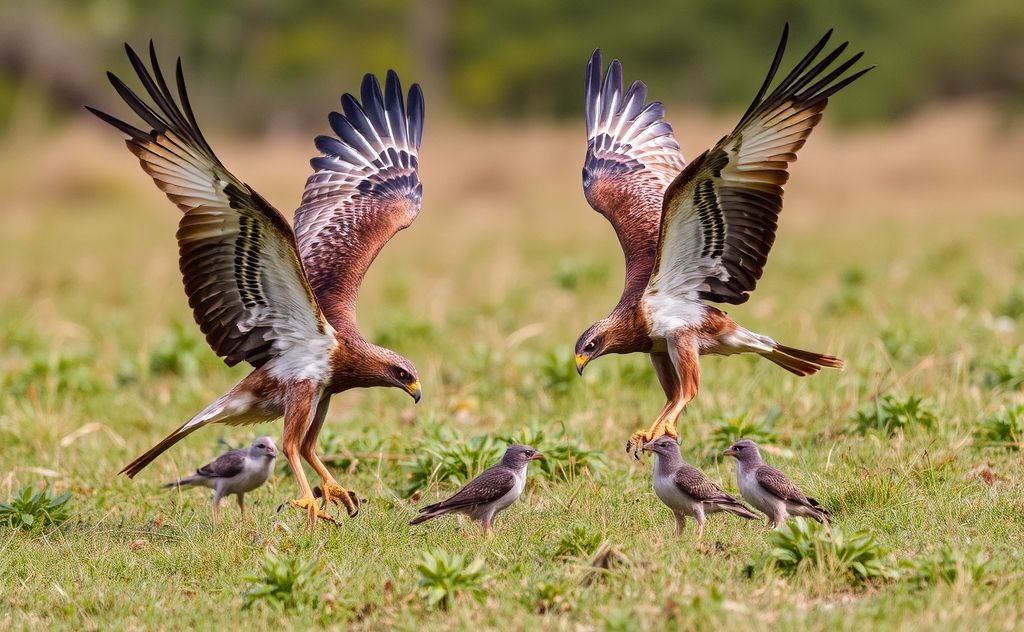 Raptors interacting with smaller bird species in a natural habitat.