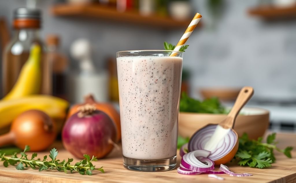 Raw onion smoothie in a vibrant kitchen setting