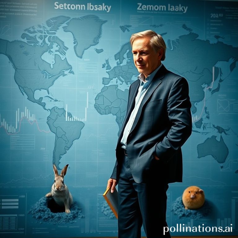 Ray Dalio menyampaikan pandangannya tentang masa depan ekonomi global yang tidak pasti, diiringi ilustrasi kelinci cerdik yang fleksibel.