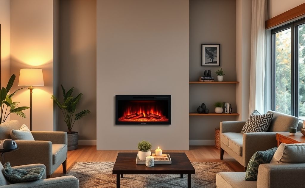 Realistic electric fireplace in a cozy living room