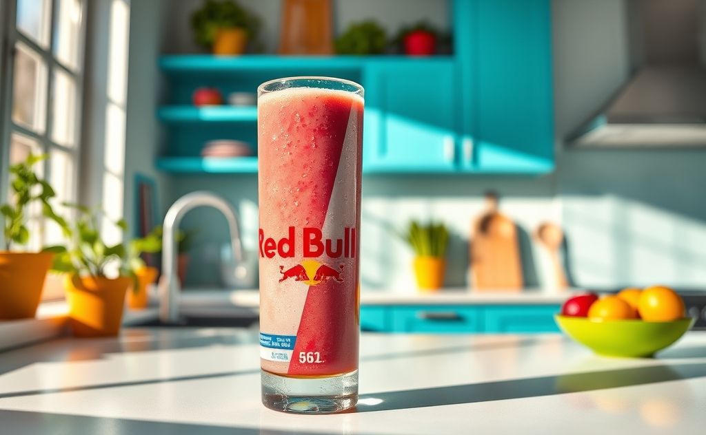 Red Bull smoothie in a vibrant kitchen setting