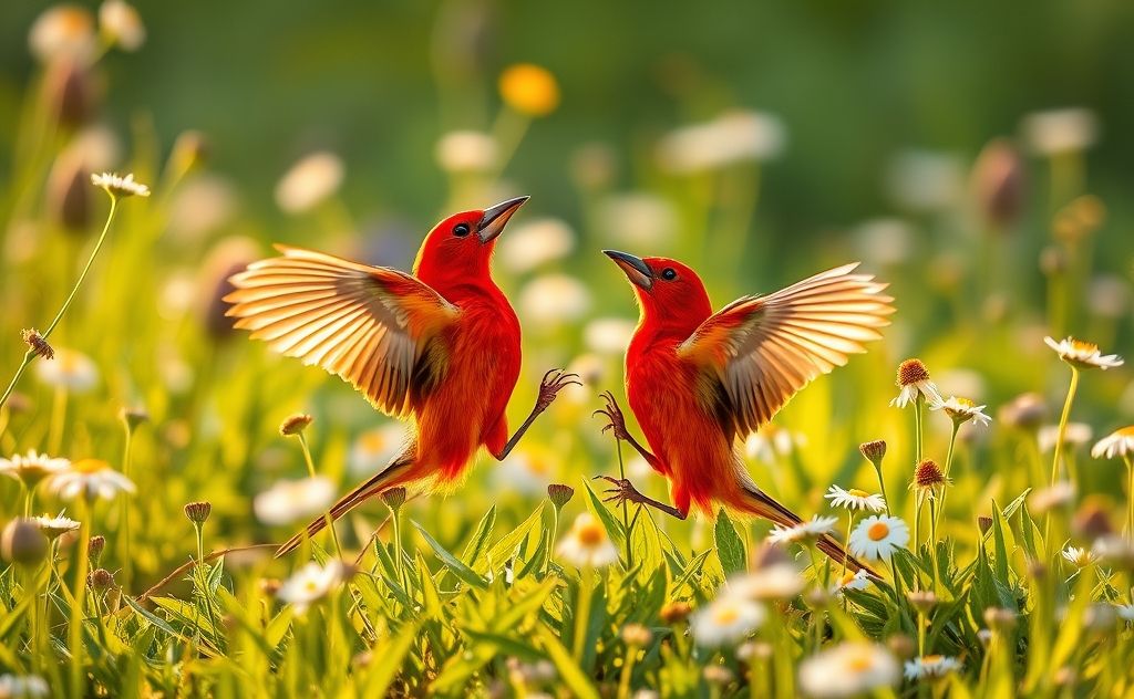Red avadavat finches performing a vibrant courtship dance.