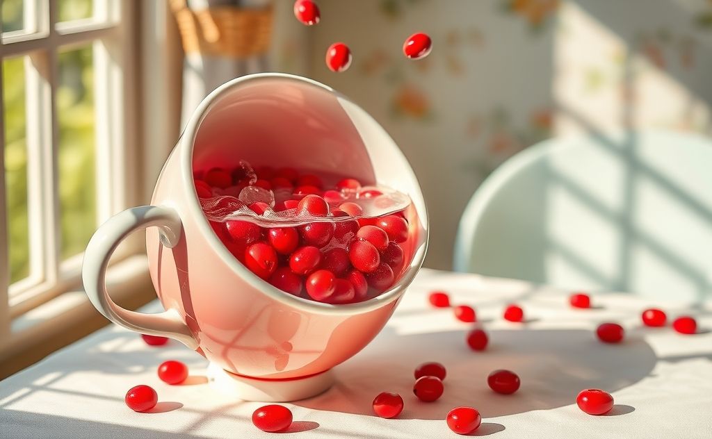 Red bean in bubble tea with vibrant colors and a playful tea cup.