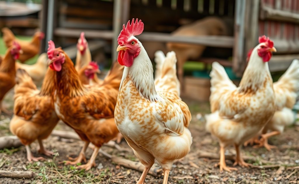 Red features on chickens in a farm setting