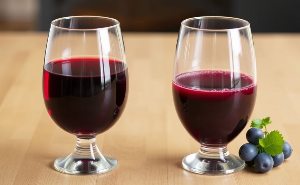 Red wine and grape juice comparison in a glass.