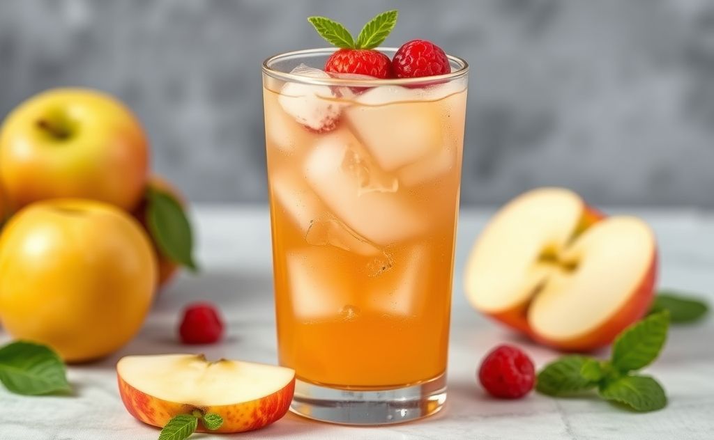 Refreshing Ice Apple Juice in a glass with fruit