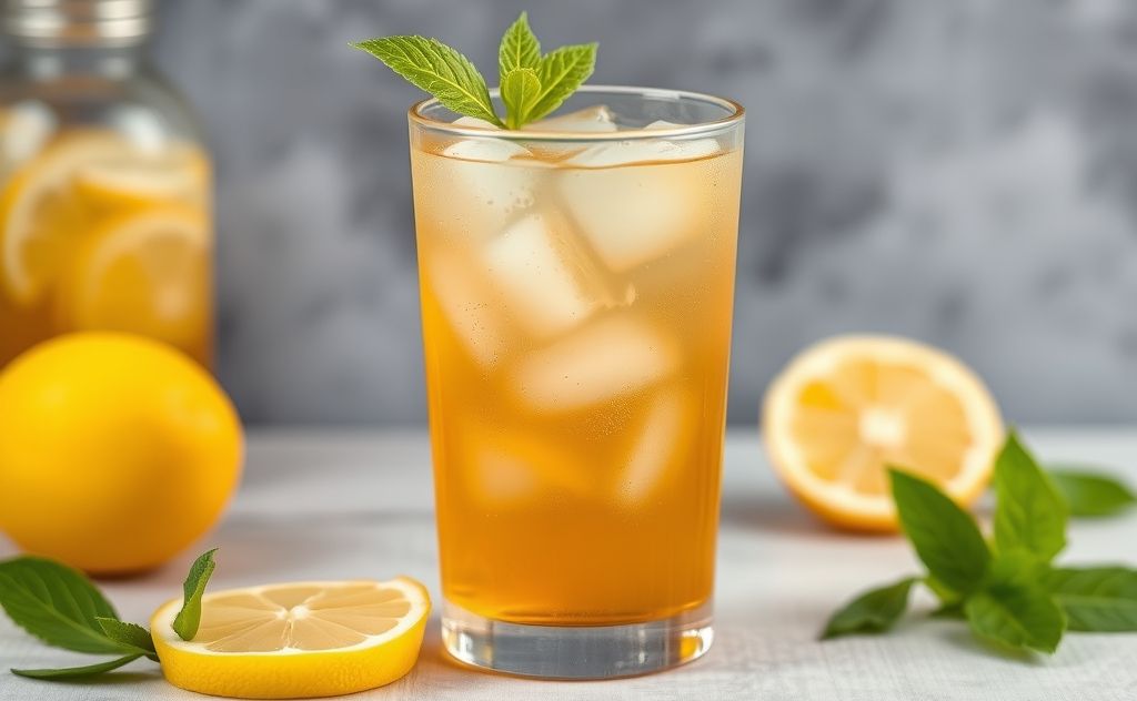Refreshing blend of tea and lemonade in a glass.