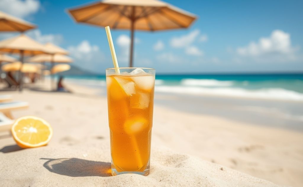 Refreshing iced tea on a sunny beach setting.