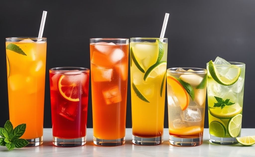 Refreshing iced tea varieties in vibrant colors.