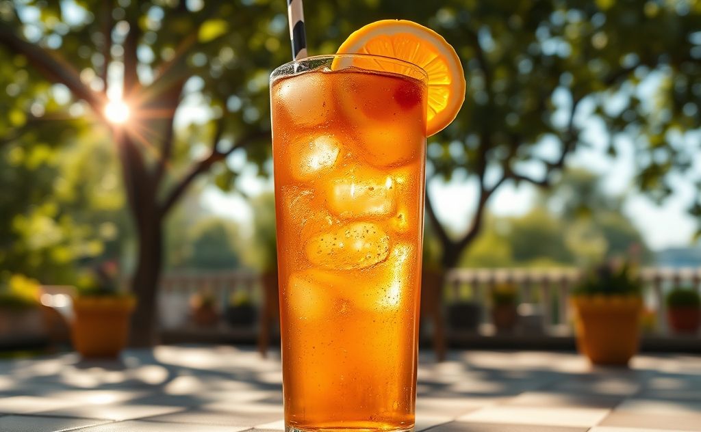 Refreshing iced tea with a hint of fruit flavor, vibrant colors, and a sunny outdoor setting.