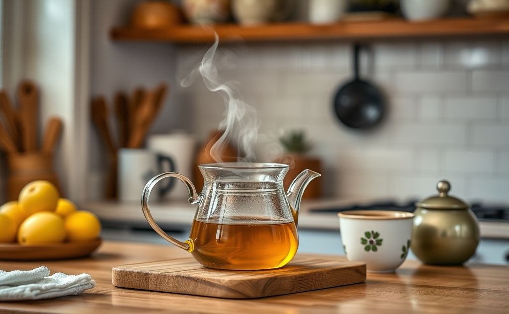 Reheating tea in a cozy kitchen setting.