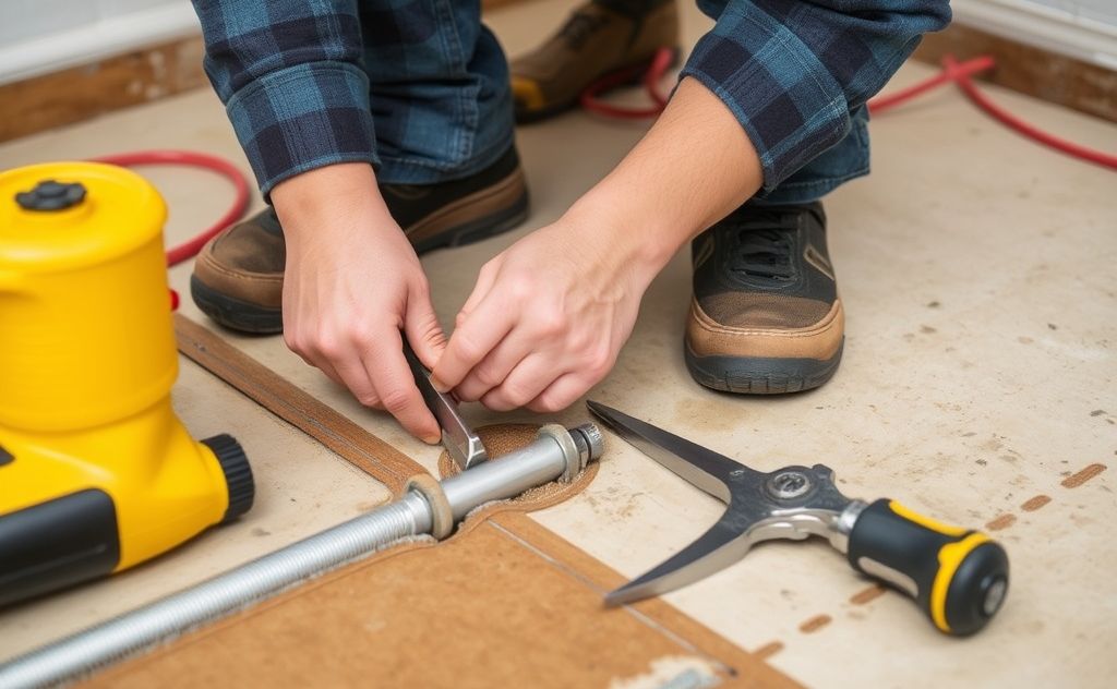 Repairing floor heating leaks with tools and pipes