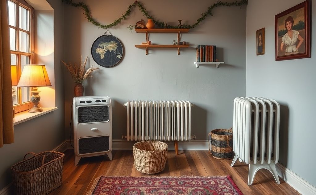 Retro room with vintage heater and cozy decor