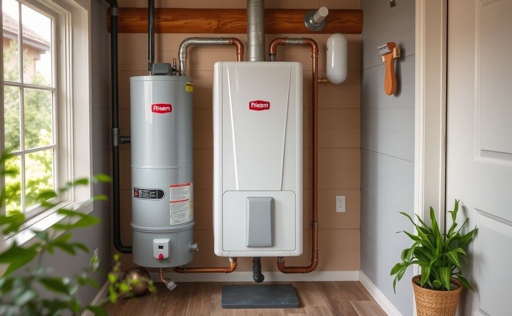 Rheem heat pump water heater in a cozy home setting