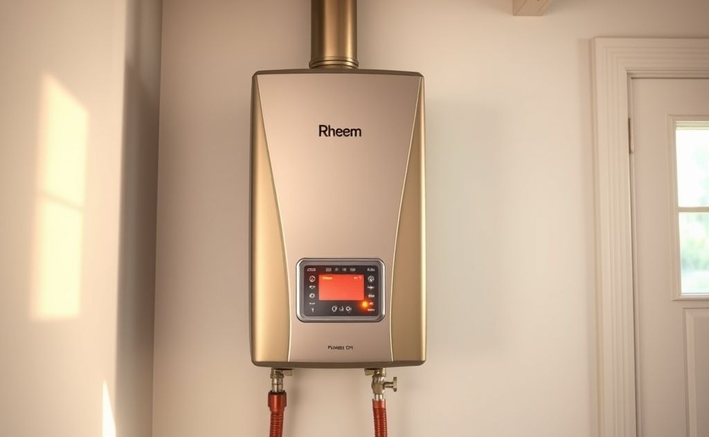 Rheem water heater powered on and ready to use
