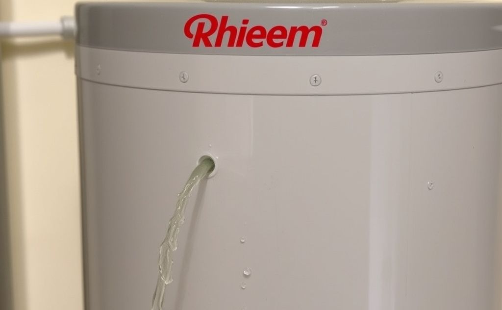 Rheem water heater with a visible leak and water flow