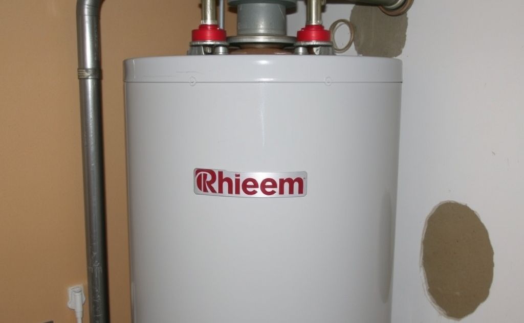 Rheem water heater with visible leak and water damage