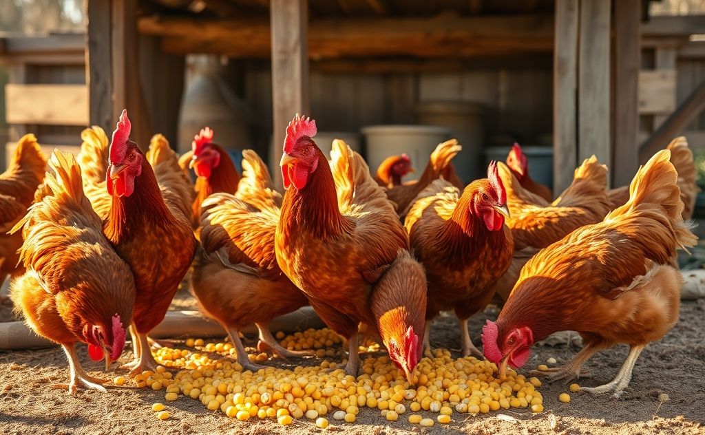 Rhode Island Red chickens enjoying their feed
