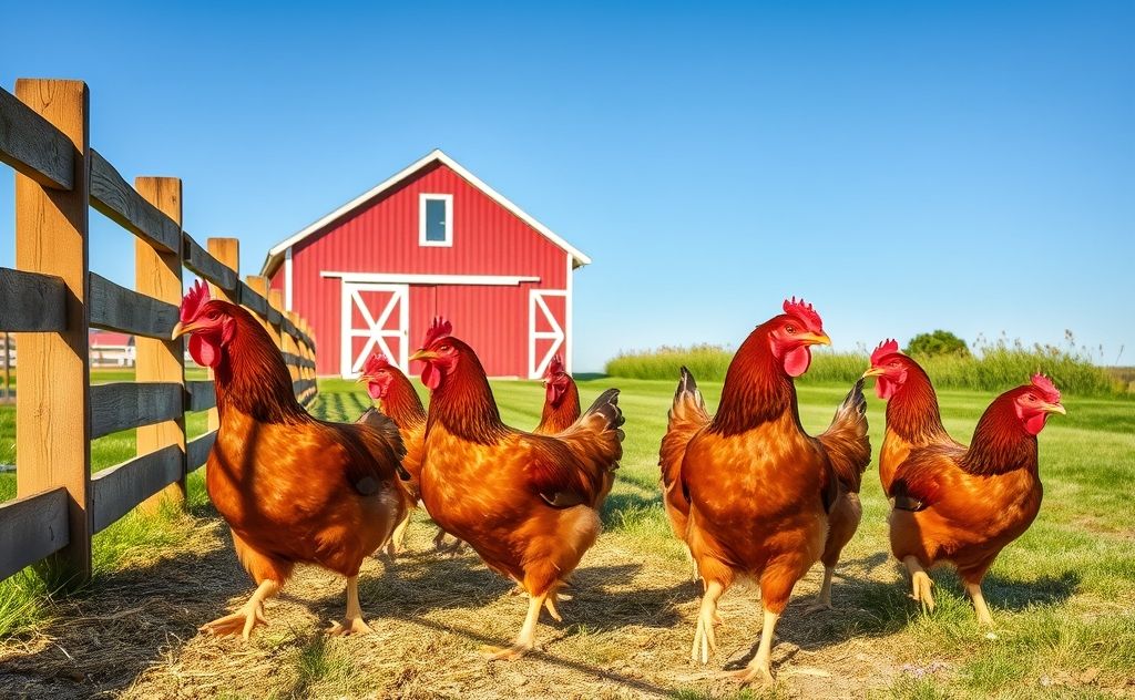Rhode Island Red chickens in a sunny farm setting