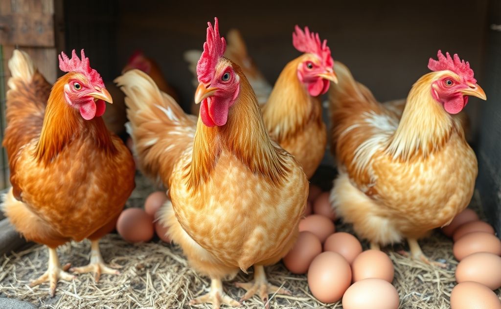 Rhode Island Red chickens with eggs in a coop