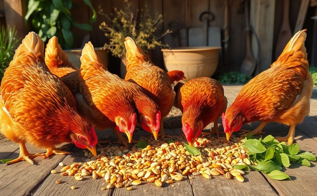 Rhode Island Reds enjoy grains seeds and greens