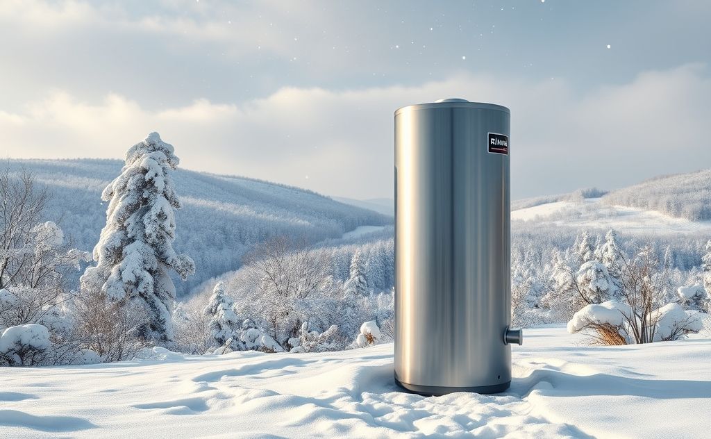 Rinnai water heater in a snowy landscape, showcasing resilience against freezing temperatures.