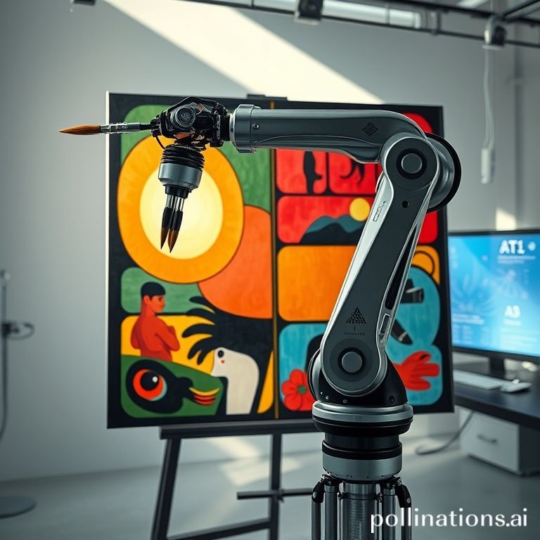 A robotic arm meticulously replicating a vibrant, Indigenous-style painting, showcasing advanced AI in art forgery detection.
