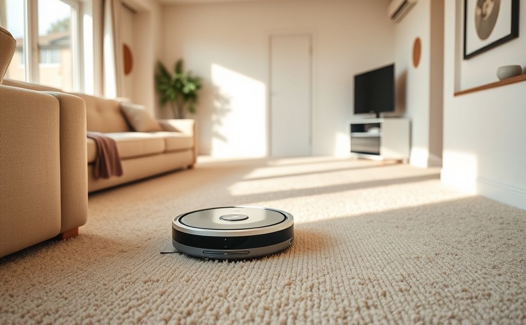 Robot vacuum cleaning a carpeted room