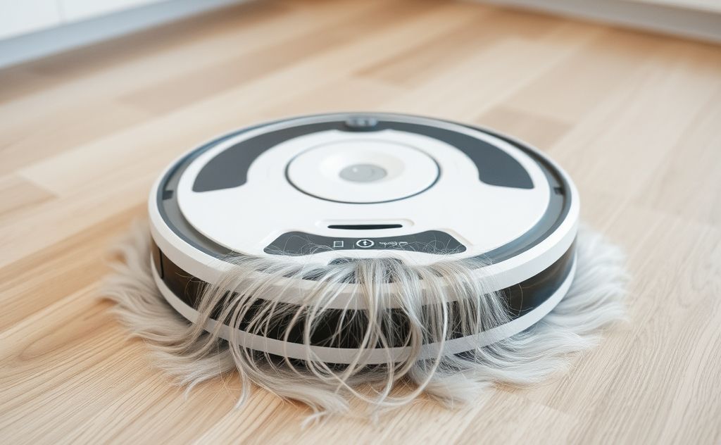 Robot vacuum cleaning hair from a floor surface.