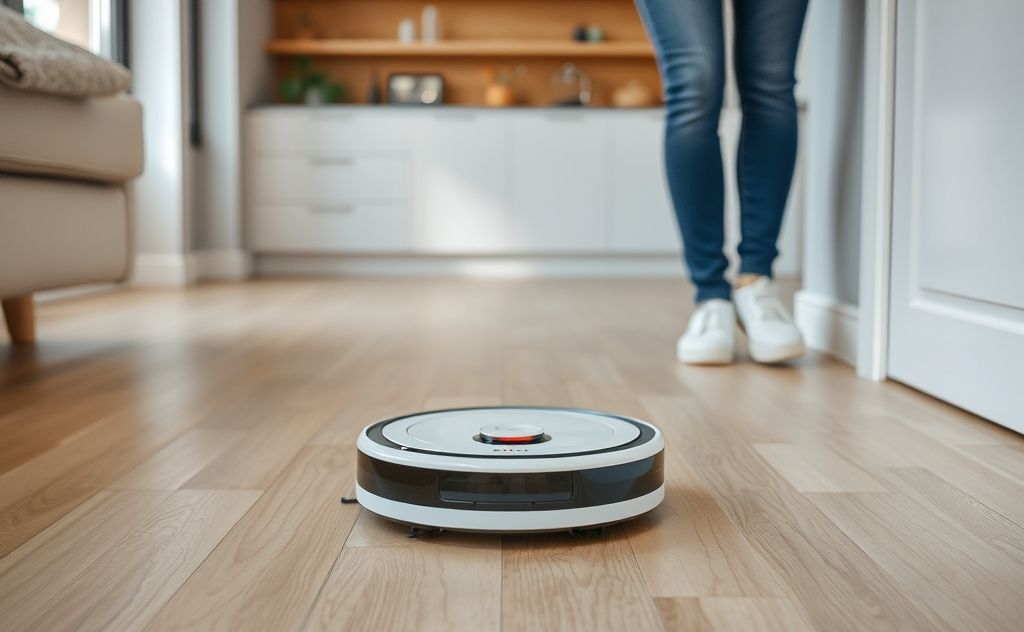 Robotic vacuum cleaner cleaning a modern home.