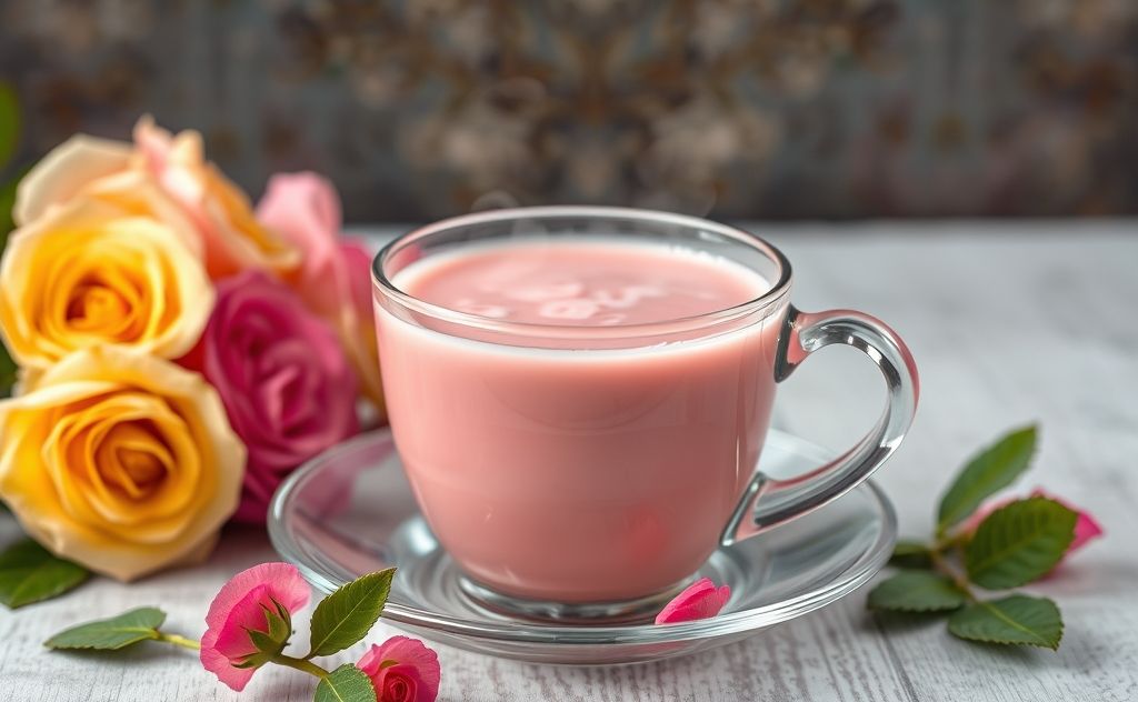 Rose milk tea with vibrant colors and a steaming cup