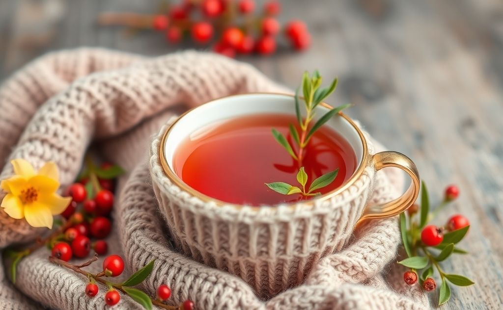 Rosehip tea in a cozy cup with natural elements.