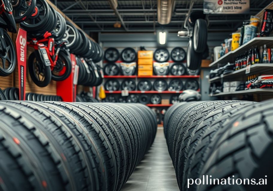 Rak ban motor dan mobil tertata rapi di toko spare part, pencahayaan profesional