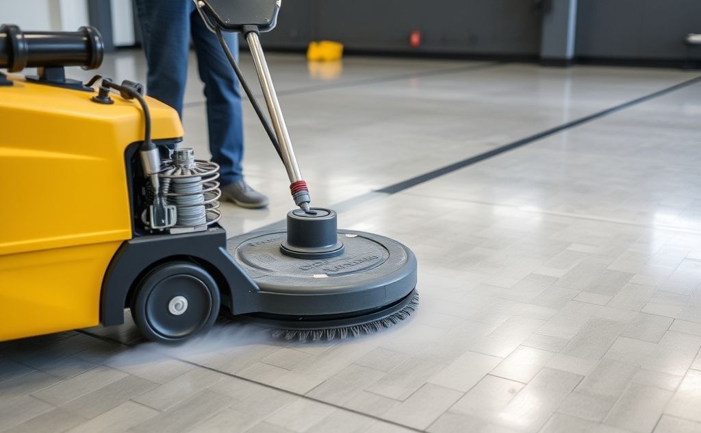 Rubber gym floor cleaning machine in action.
