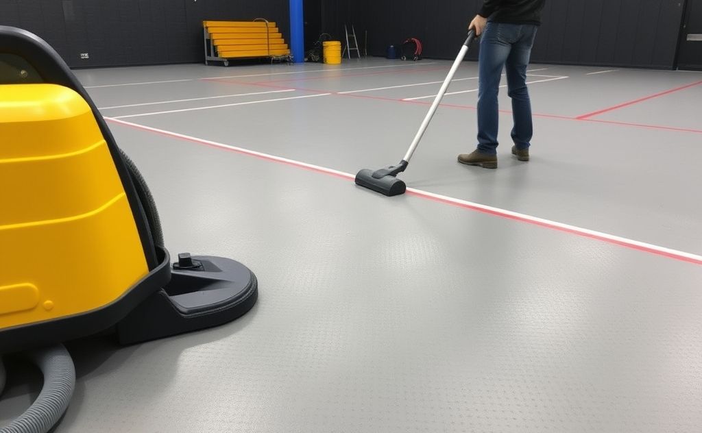 Rubber gym floor maintenance with vacuum cleaning tools
