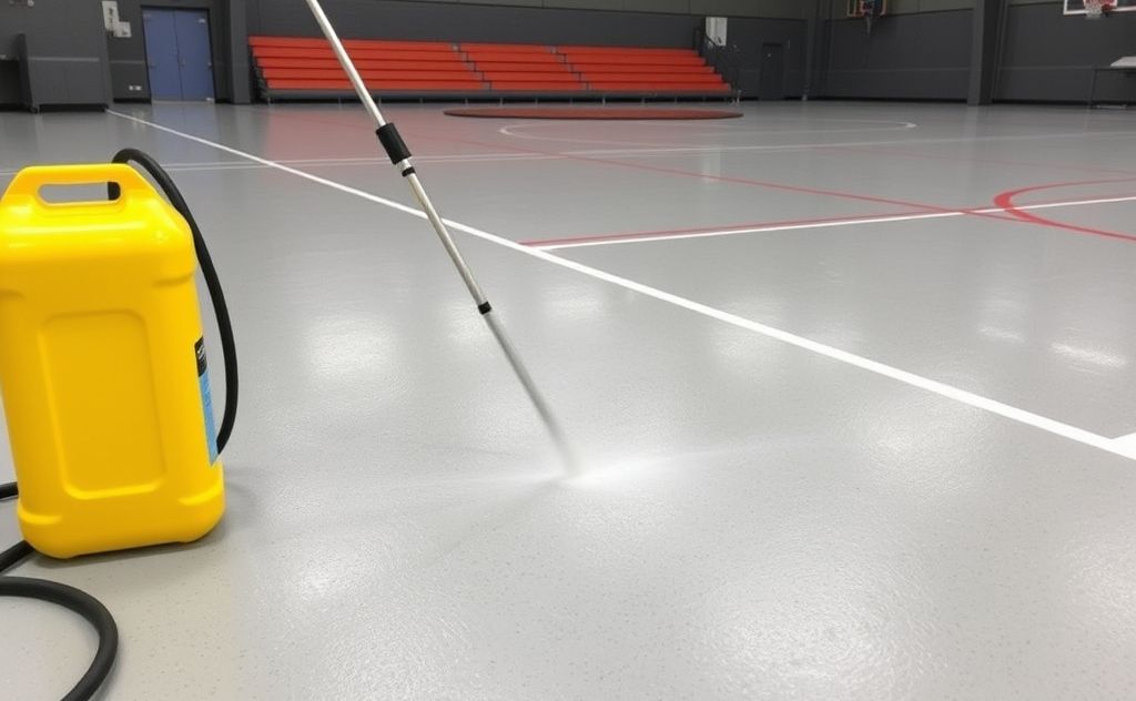 Rubber gym flooring cleaning with disinfectant tools