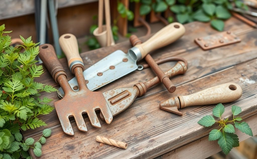 Rust-free garden tools on a wooden workbench with greenery around.