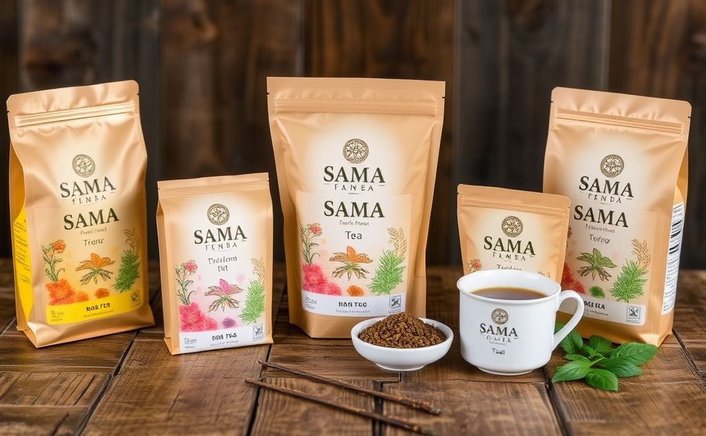 Sama Tea products displayed on a rustic table