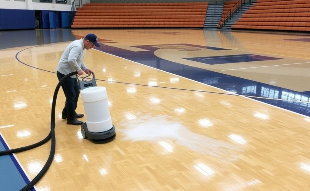 Sanitizing gym floors during vacuuming process