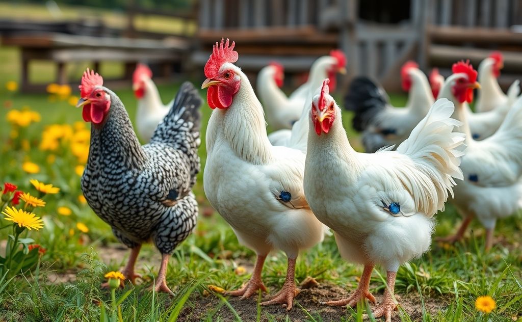 Sapphire gem chickens in a vibrant farm setting