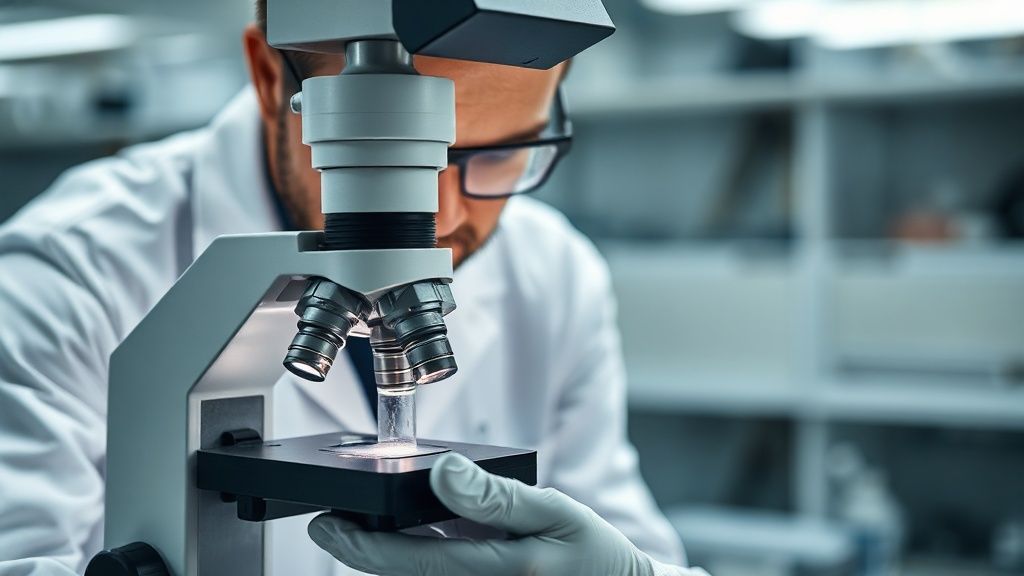 A scientist in a clean lab environment examining a recoated titanium anode under a high-powered microscope, showcasing the precision and technical expertise involved in material analysis.