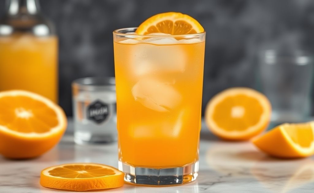 Screwdriver drink with orange and vodka in a glass