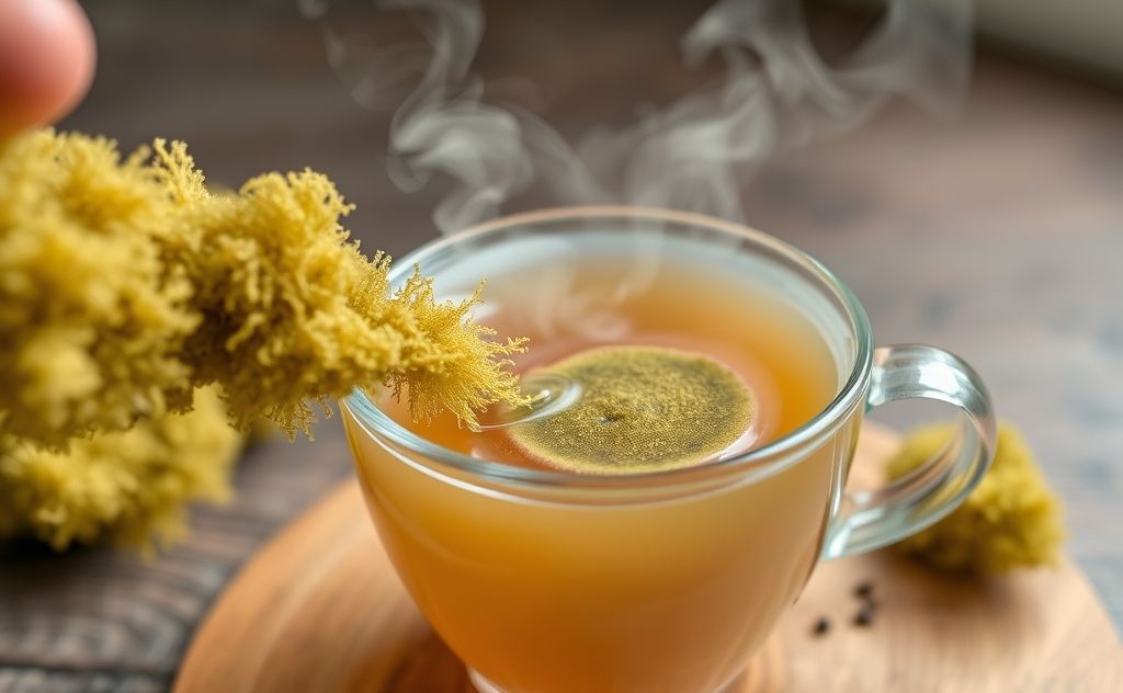 Sea moss added to steaming cup of tea