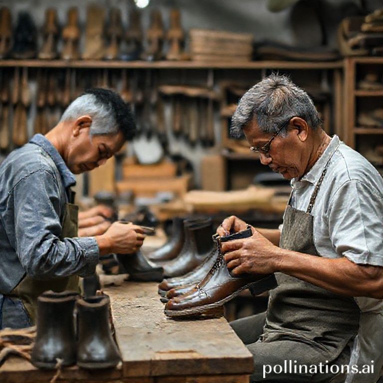 Sebuah adegan di workshop sepatu modern namun tradisional di Bandung. Fokus pada beberapa pengrajin (beberapa muda, beberapa lebih tua) dengan wajah yang menunjukkan fokus dan keahlian, yang sedang sibuk mengerjakan bagian-bagian sepatu. Tampilkan detail seperti kulit yang dipotong rapi, benang jahitan yang presisi, dan sol yang sedang dipasang. Pencahayaan alami yang cerah menonjolkan tekstur bahan-bahan premium. Latar belakang samar menampilkan siluet perkotaan Bandung, mengaitkan lokasi dengan produk yang dihasilkan.