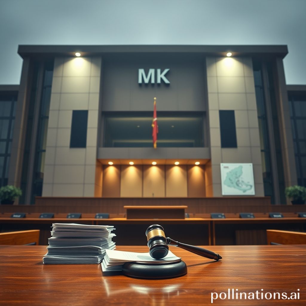 Sebuah gambar Gedung Mahkamah Konstitusi (MK) yang megah dan modern di Indonesia, dengan logo MK yang jelas. Di depannya terdapat tumpukan dokumen hukum dan sebuah palu sidang di atas meja kayu. Latar belakang samar menampilkan peta geografis Provinsi Papua. Pencahayaan serius dan formal, menunjukkan suasana hukum yang penting.