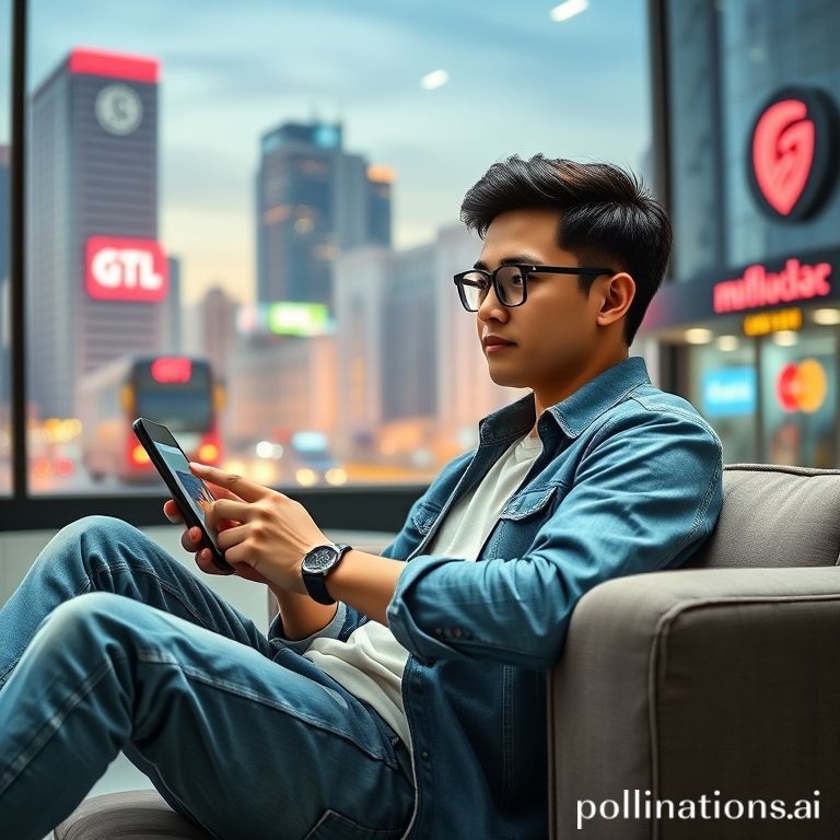 Sebuah gambar futuristik yang menampilkan seorang Gen Z muda (sekitar 20-25 tahun) dengan pakaian kasual modern sedang duduk santai di sofa, memegang tablet atau smartphone yang layarnya menunjukkan grafik saham GJTL dengan tren naik. Di belakangnya, terlihat latar belakang abstrak yang menggabungkan elemen kota modern, tumpukan ban mobil dengan logo yang samar-samar, dan simbol mata uang yang stylish. Warna dominan cerah dan optimis, mencerminkan semangat investasi muda.