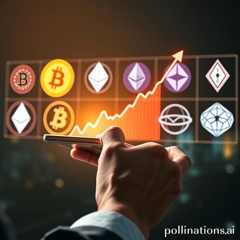 Sebuah gambar futuristik yang menunjukkan tangan seseorang memegang smartphone atau tablet dengan grafik harga crypto yang naik tajam. Di latar belakang, ada berbagai logo koin crypto populer seperti Bitcoin, Ethereum, Solana, dan Polkadot dalam bentuk hologram berkilauan, dengan efek cahaya keemasan. Suasana menunjukkan optimisme dan pertumbuhan. Mungkin ada elemen 