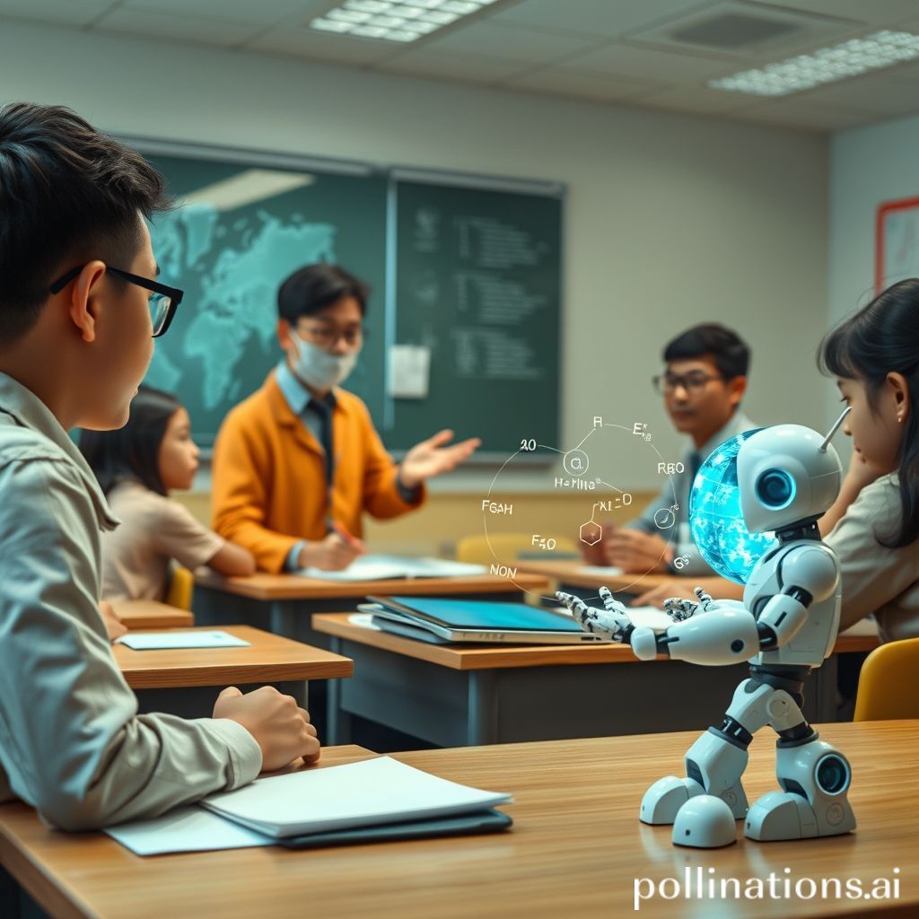 Sebuah gambar kartun cerah dan futuristik di dalam kelas. Seorang guru yang tersenyum berdiri di depan papan tulis digital, berinteraksi dengan beberapa siswa yang ceria. Di sudut kelas, sebuah robot kecil yang ramah (mungkin mirip asisten AI atau tablet pintar) memproyeksikan hologram data atau formula yang menarik. Atmosfernya kolaboratif dan inovatif, menunjukkan harmoni antara manusia dan teknologi di lingkungan belajar.