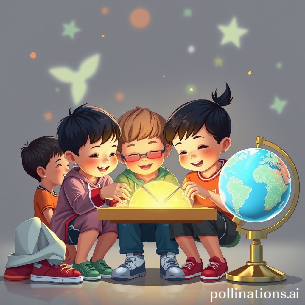 Sebuah gambar kartun cerah dan futuristik menampilkan sekelompok anak-anak dari berbagai etnis yang sedang belajar dan berinteraksi. Latar belakang menunjukkan elemen-elemen pendidikan abad 21 seperti hologram interaktif, robot kecil yang membantu belajar, pohon pengetahuan yang rimbun, dan globe yang terhubung digital. Anak-anak tersebut terlihat sedang berkolaborasi, ada yang memecahkan puzzle, ada yang berkomunikasi menggunakan alat teknologi, dan ada yang tertawa riang menunjukkan ekspresi kreatif. Gaya seni yang ramah dan menginspirasi, dengan warna-warna cerah.