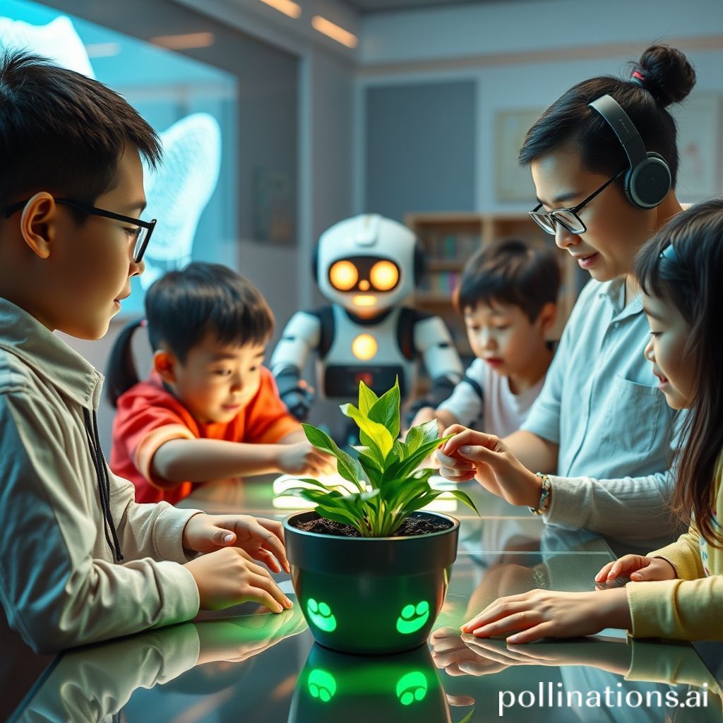 Sebuah gambar kartun cerah dan futuristik. Sekelompok anak-anak dari berbagai etnis dan usia (sekitar 7-12 tahun) sedang belajar di lingkungan yang inovatif. Salah satu anak sedang berinteraksi dengan hologram interaktif, yang lain bekerja sama di sekitar meja sentuh raksasa yang menampilkan proyek 3D. Ada juga seorang anak yang sedang menanam pohon kecil dalam pot dengan perangkat Augmented Reality (AR) di kepalanya. Di latar belakang, terlihat robot ramah yang membantu atau mengawasi, serta seorang guru tersenyum yang mengamati dengan bangga. Gaya gambarnya bersih dan modern, dengan warna-warna cerah yang melambangkan optimisme dan inovasi dalam pendidikan.